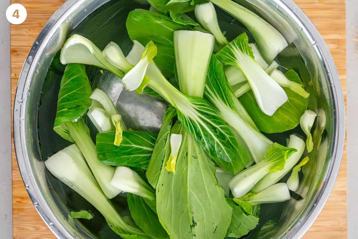 Boychoy leaves separated and soaked in water