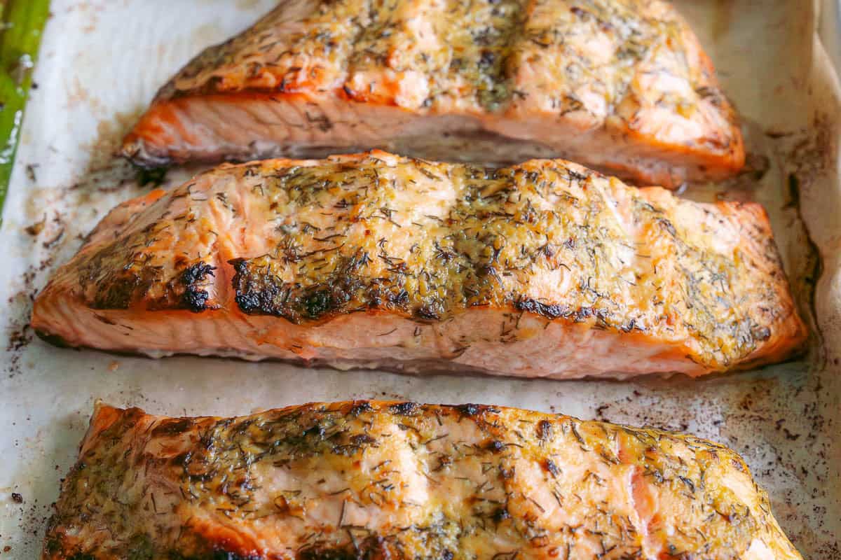 Dijon salmon fillets straight out of the oven