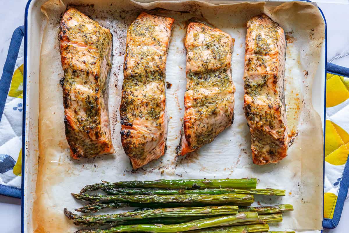 Baked salmon straight out of the oven with asparagus