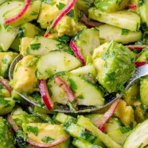 Close of up spoon full of Avocado Salad in a bowl