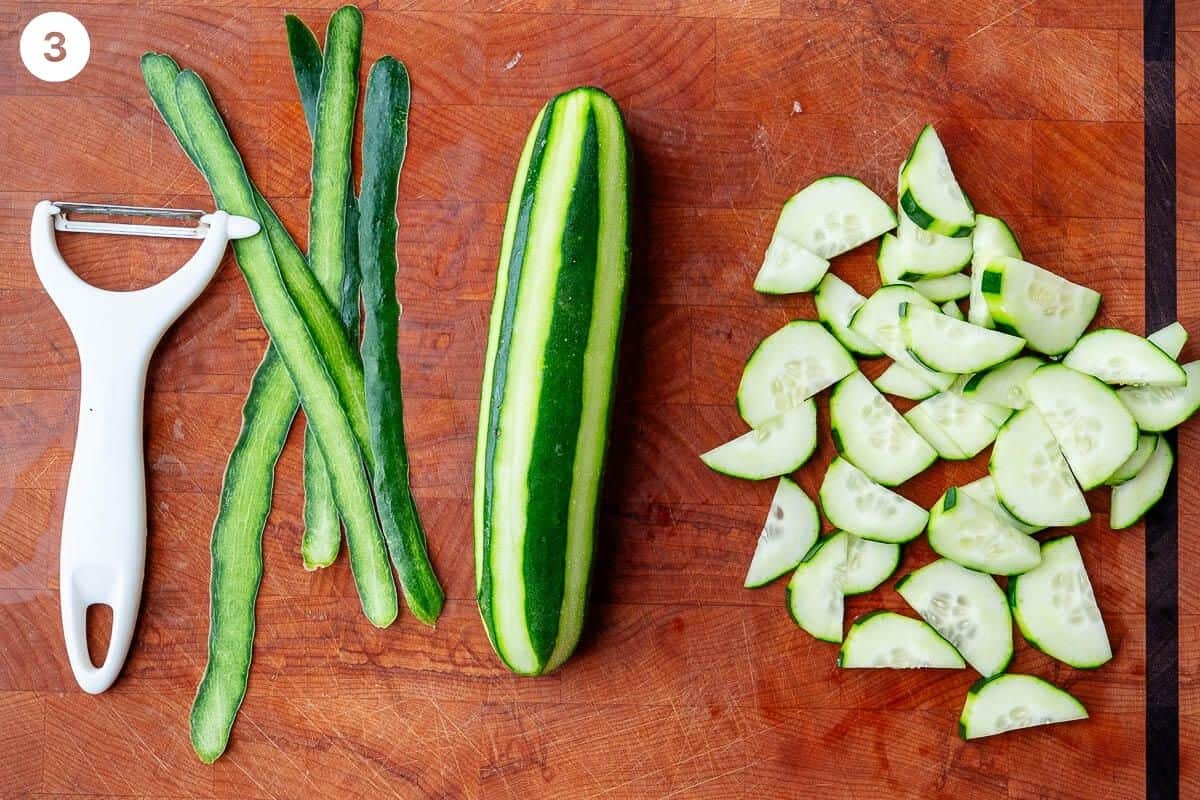 Preparing cucumbers, first half peeled with peeler then sliced into half circles