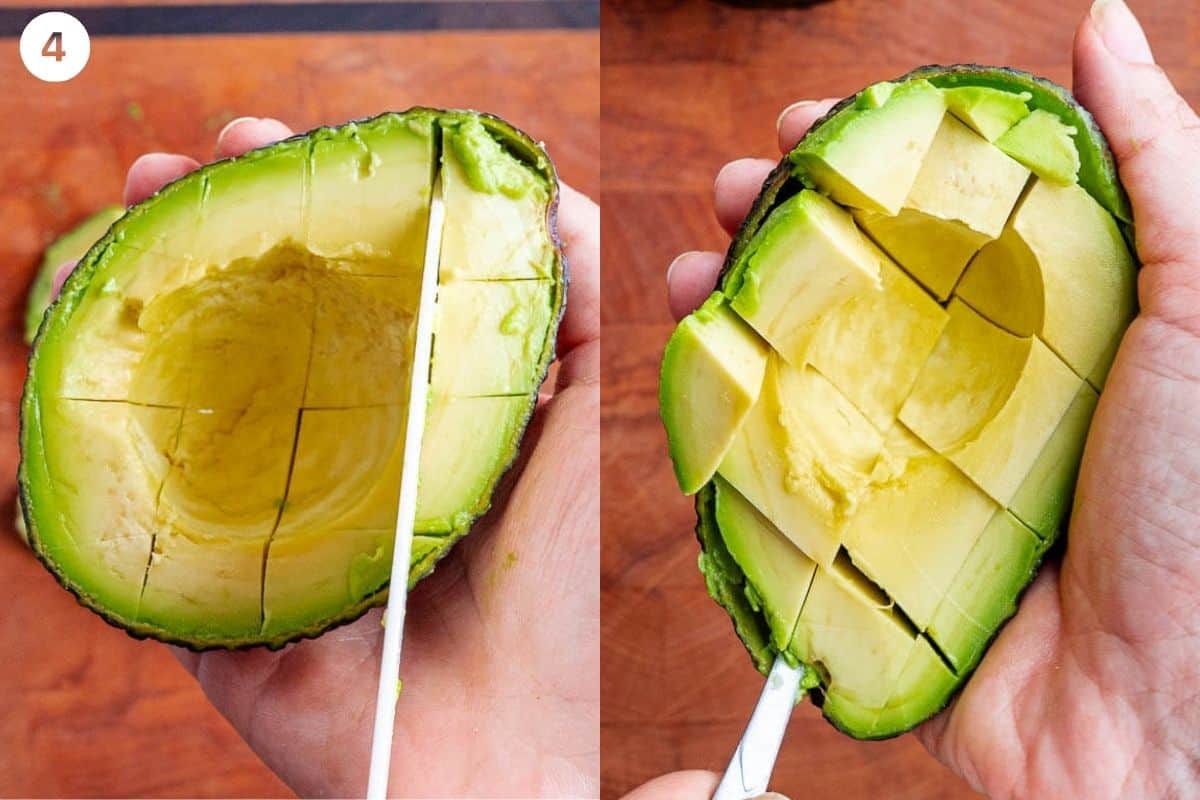 Avocado being sliced cross diagonally then scooped out with a spoon