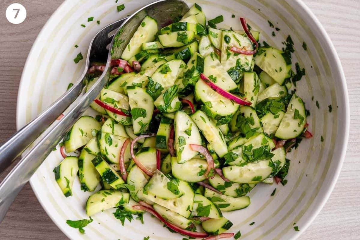 Cucumbers and dressing add to pickled onions