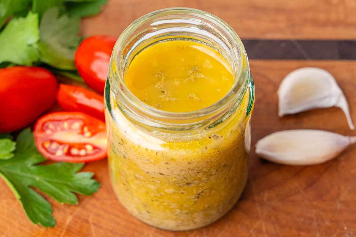 A look above and into the glass jar to see the texture of the Italian dressing