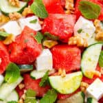 Watermelon Feta Salad with cucumber, mint and walnuts