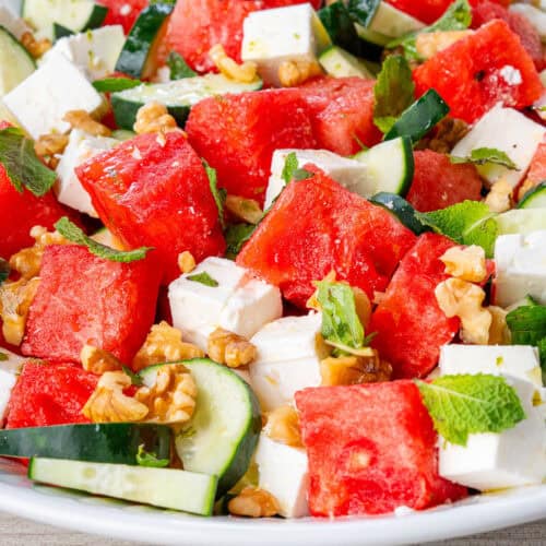 Watermelon Feta Salad with cucumber, mint and walnuts