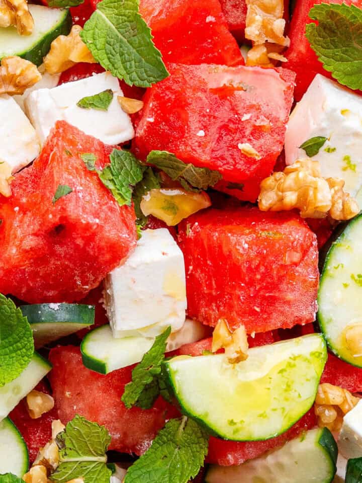 Watermelon Feta Salad with cucumber, mint and walnuts