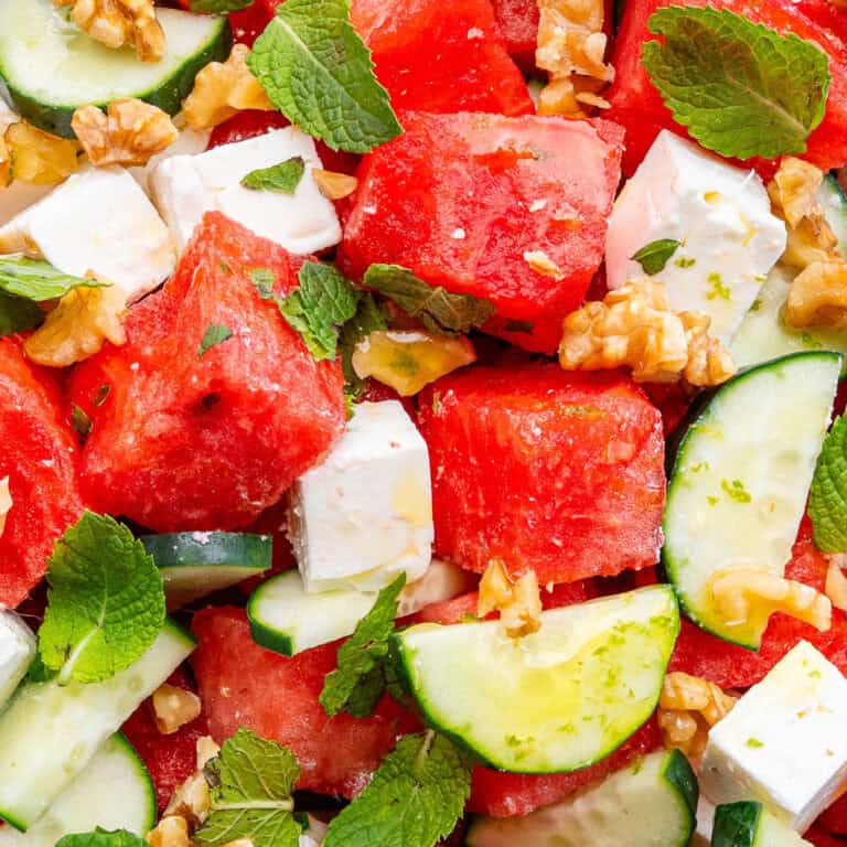 Watermelon Feta Salad with cucumber, mint and walnuts