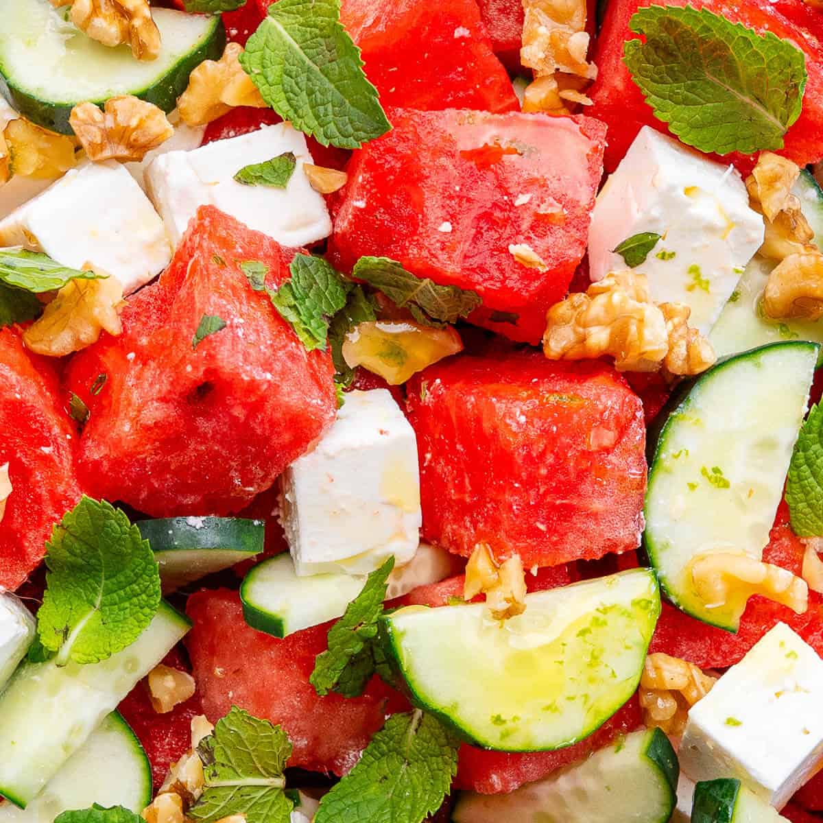 Watermelon Feta Salad with cucumber, mint and walnuts