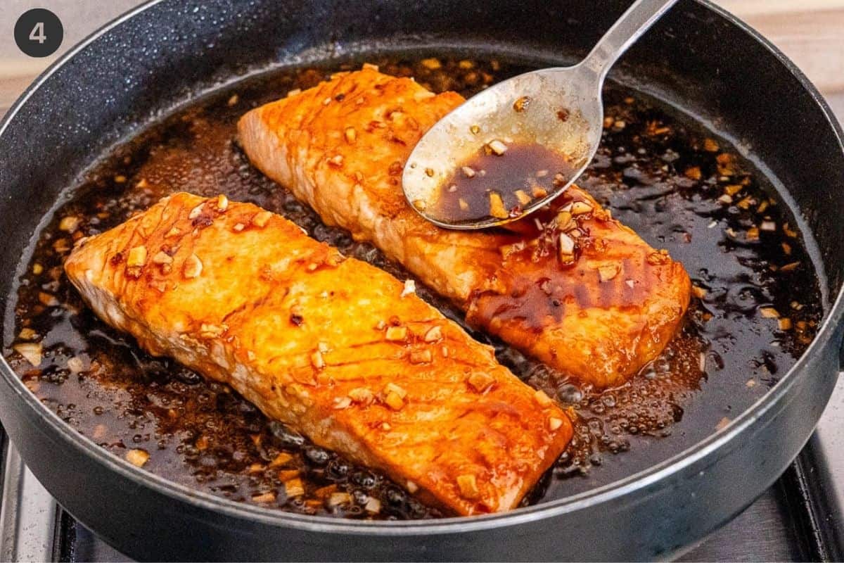 Honey garlic sauce added to the pan and then basted with a spoon