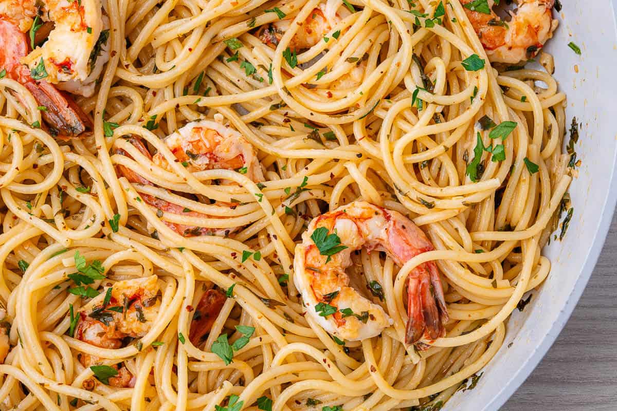 Close up of shrimp pasta in a pan