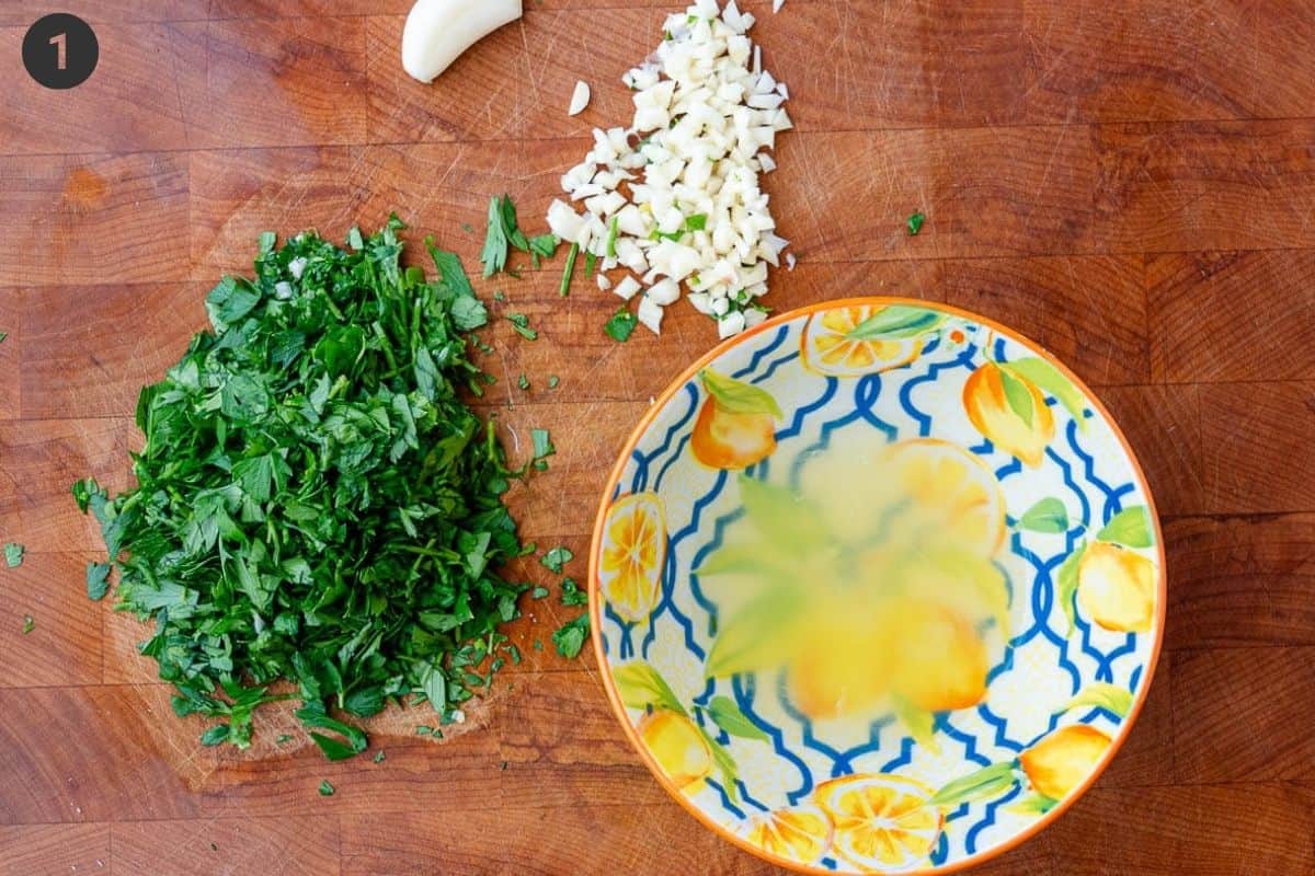 Ingredients prepared chopped parsley, garlic and lemon juice