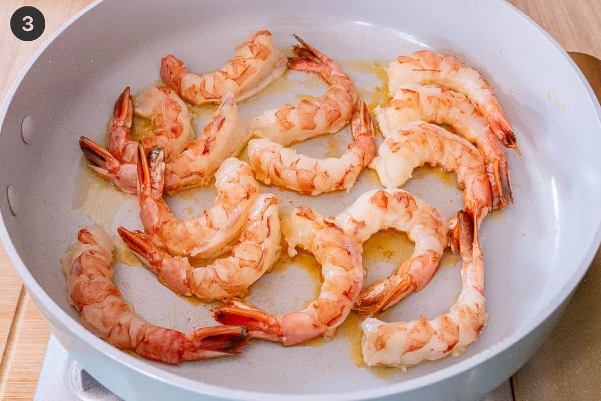 Shrimp added to the pan