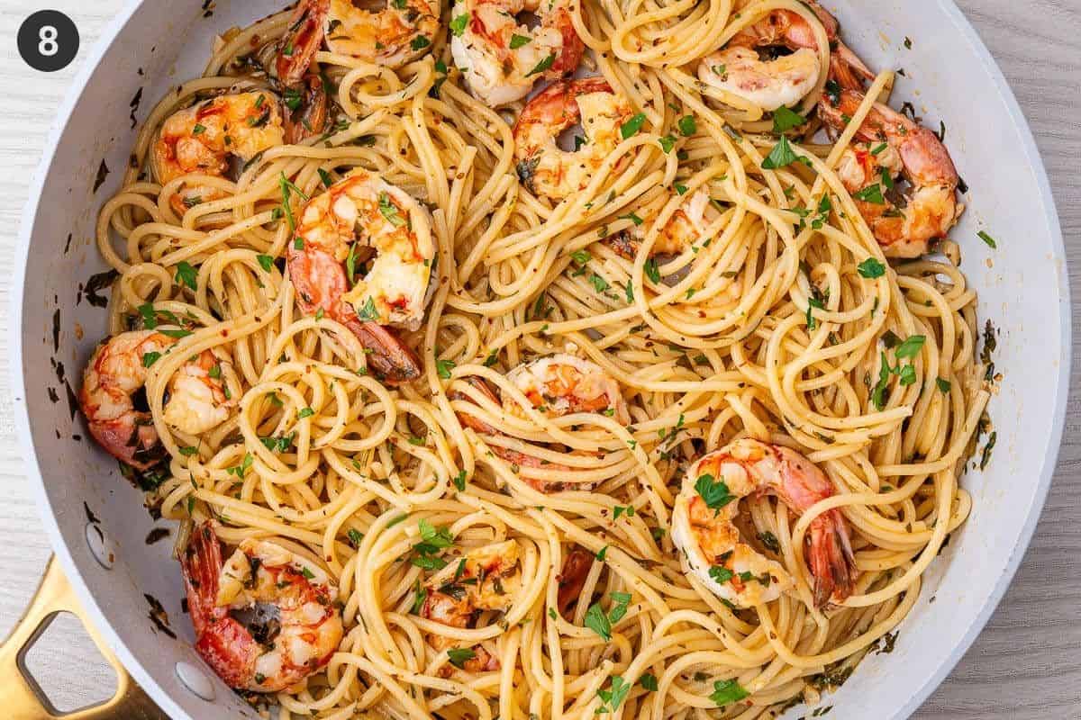 Shrimp pasta in a pan ready to serve