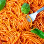 Close up of fork full of spaghetti al pomodoro
