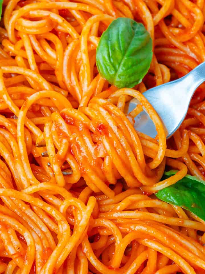 Close up of fork full of spaghetti al pomodoro