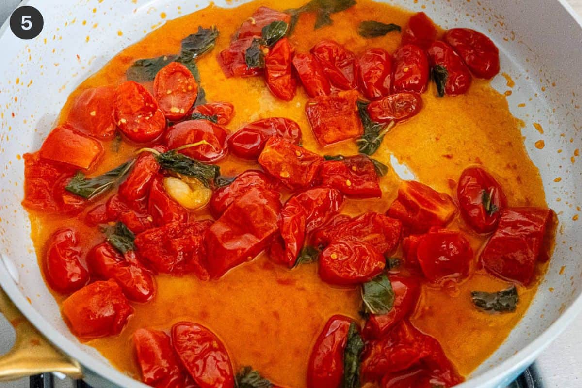 Cooked tomatoes before being squashed with a wooden spoon