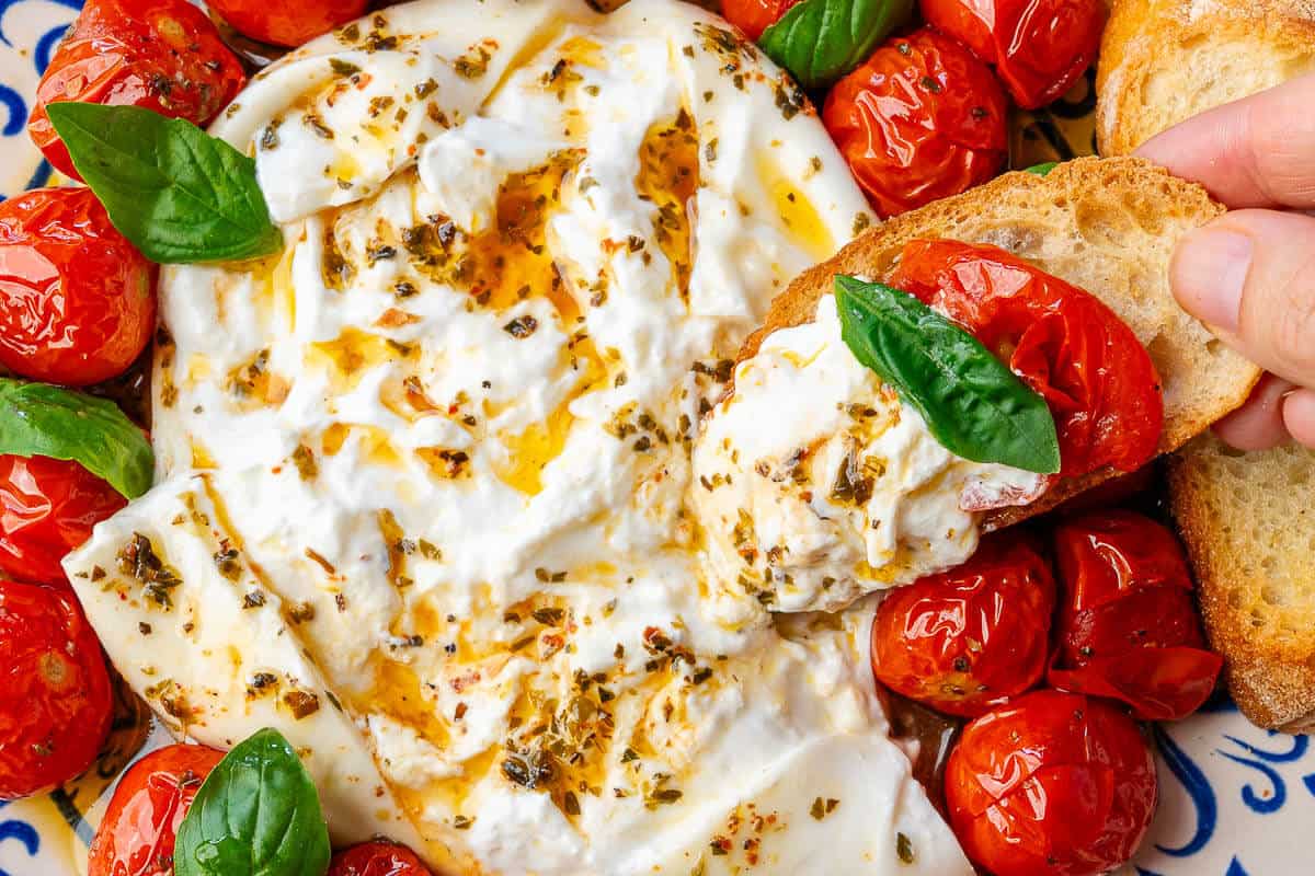Piece of crostini dipped into burrata appetizer