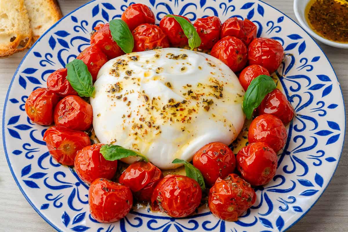 Burrata appetizer with burrata cheese with roasted cherry tomatoes surrounding it