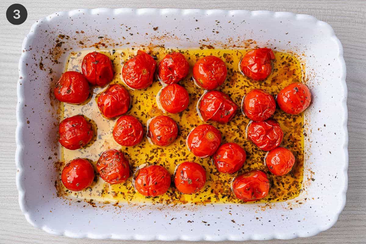 Cherry tomatoes after being roasted in an oven dish