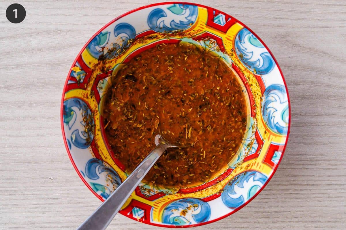 Marinade ingredients added to a small bowl and mixed to combine