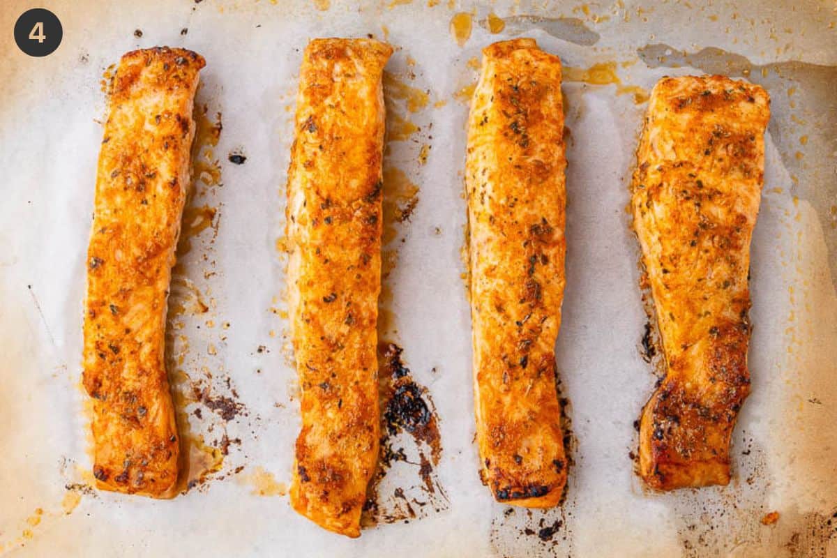 Salmon fillets in a oven tray, straight out of the oven