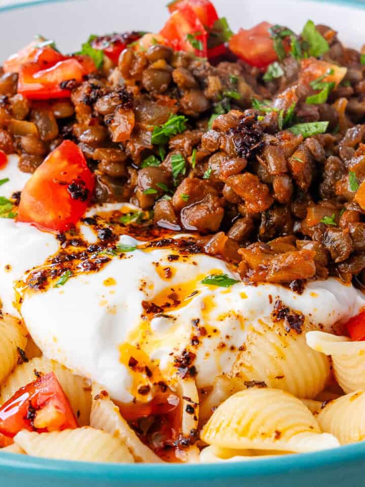 Turkish Pasta with aleppo pepper drizzled on top